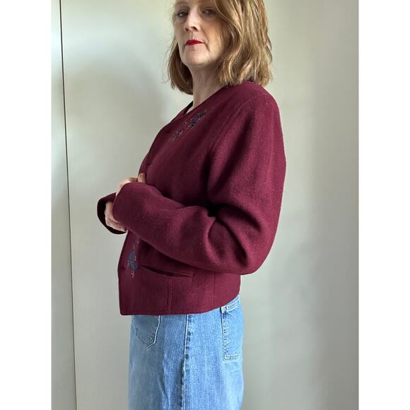Vintage 90s Liz Wear Wool Jacket Burgundy Wine Red Classic Embroidery Boho - Picture 7 of 11